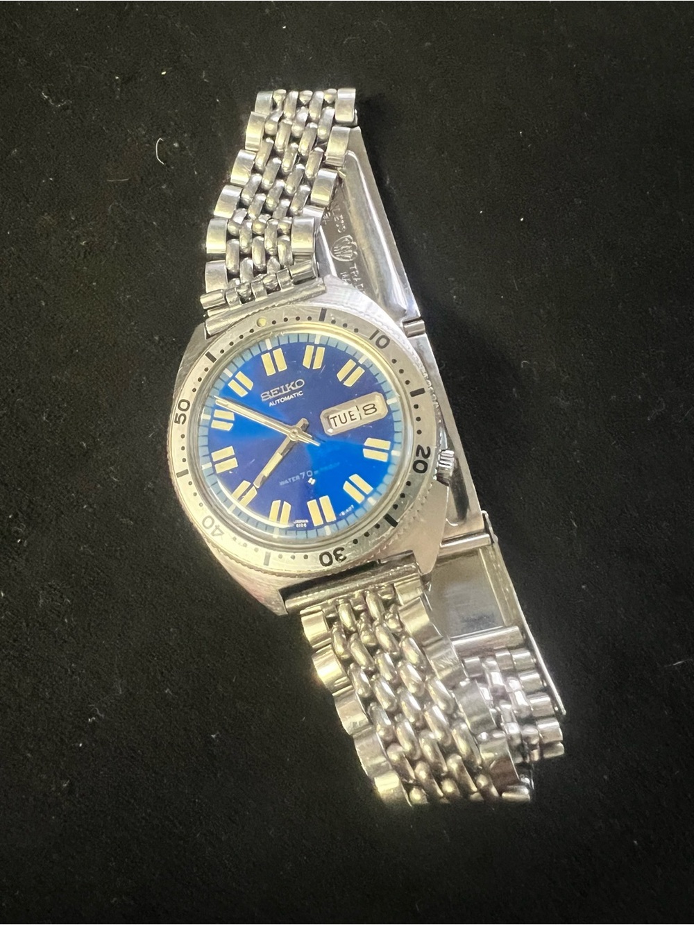Vintage June 1968 Seiko 6106-8100 Sport Diver Blue Watch w/ Stelux Beads of Rice